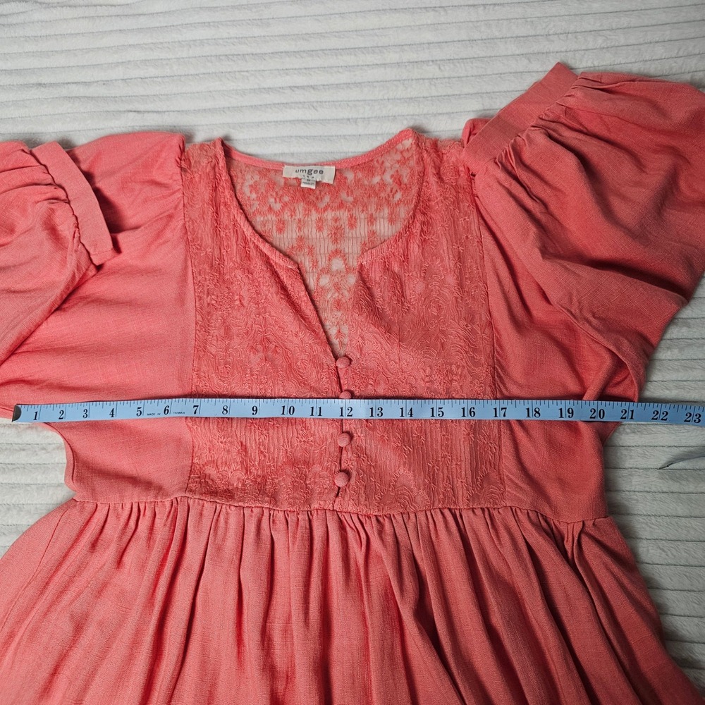 Umgee Split Neck Babydoll Mini Dress Women M Coral Embroidered Linen Blend - Picture 6 of 9